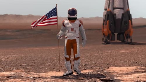 Astronaut with American Flag Walking on Mars Surface