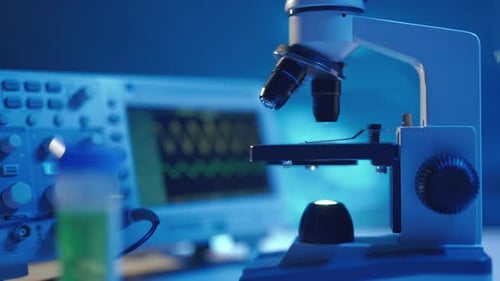 Close Up of a Optical Scientific Microscope in Laboratory