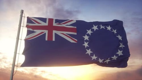 Cook Islands Flag Waving Against Beautiful Sunset Sky Animation