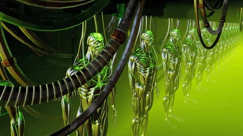 Futuristic Android Factory: Biomechanical Humanoids in Green Laboratory