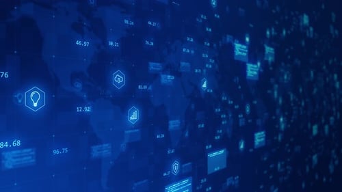 Blue technology futuristic icon levitation on map abstract background concept seamless loop video