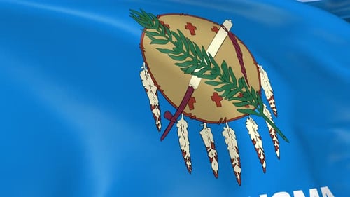 Waving Oklahoma State Flag with Indigenous Shield and Peace Pipe