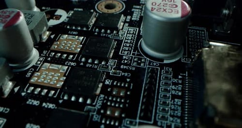 Macro Dolly Shot Side View of a Computer Electrical Circuit with Cip Slots Microchip and