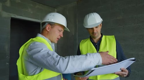 Engineers Reviewing Construction Blueprints on Building Site