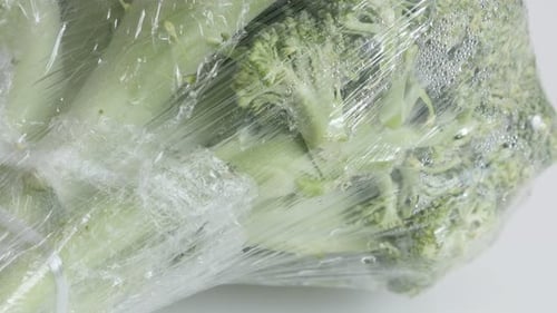 Tilting over floret of green broccoli Brassica oleracea in cellophane package close-up video