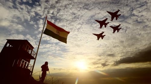 Indian Soldier and Warplanes Guarding the Border