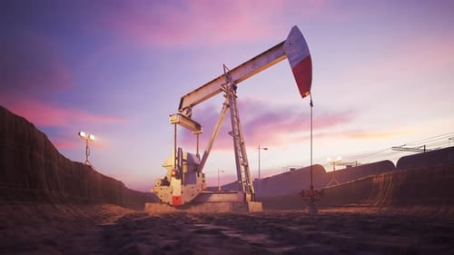 Industrial Oil Pumpjack Operating at Sunset in Desert Field