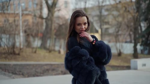 Young beautiful fashionable lady wearing stylish dark fur coat posing in park