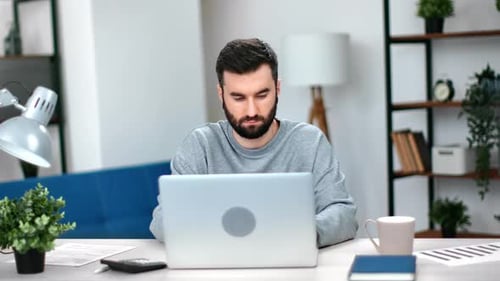 Confident Business Man Programmer Working Use Laptop at Comfortable Office Desk Workplace