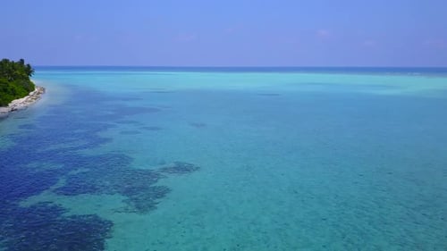 Aerial drone nature of shore beach trip by lagoon and sand background