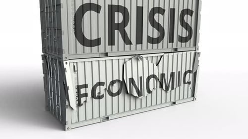 Container with ECONOMIC Text Being Broken By Container with CRISIS Inscription