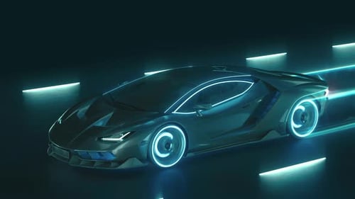 Une cybervoiture au néon de sport se précipite sur la route nocturne avec des néons