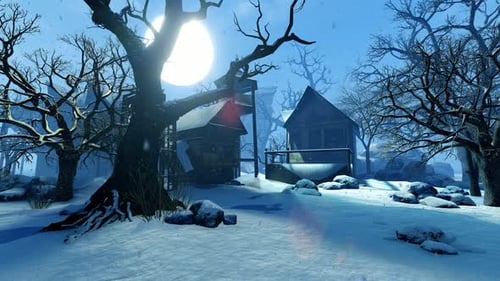 Parque de invierno y casas antiguas.