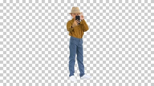 Little boy in a straw hat taking selfies, Alpha Channel