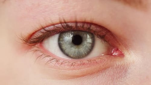 Nahaufnahme eines hellblauen, blinzelnden Auges mit lackierten Wimpern beim Öffnen und Schließen der Augen
