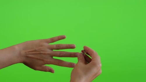 Hand Puts on Silver Ring on Green Screen