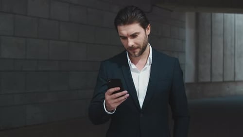 Businessman Using Smartphone on Street, Manager Texting on Mobile Phone in City