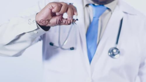 Doctor Writing Sports Injuries on Clear Surface