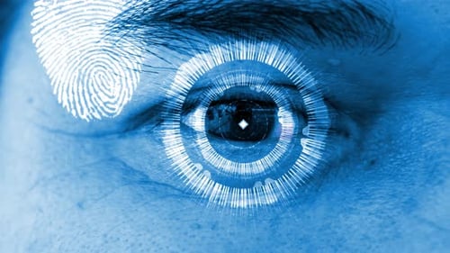 Futuristic Eye Scan with Biometric Fingerprint and Digital Data