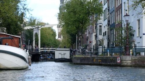 Holland Amsterdam Canal And Boats Super Slow Motion