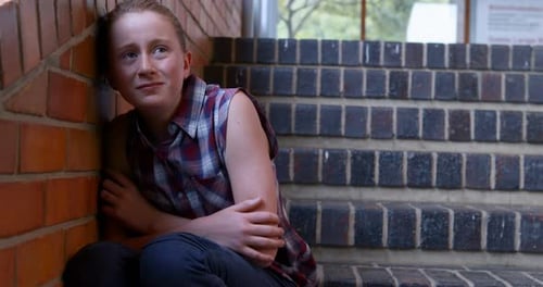Sad schoolgirl sitting alone on staircase