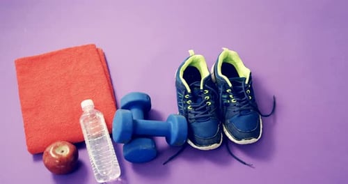 Fitness Flat Lay with Dumbbells and Sneakers