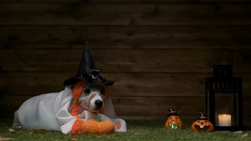 Dog in Witch Costume with Halloween Decorations