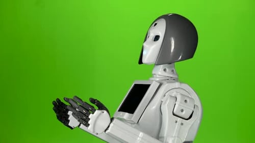 Robot Talks and Shows Hands. Green Screen . Side View