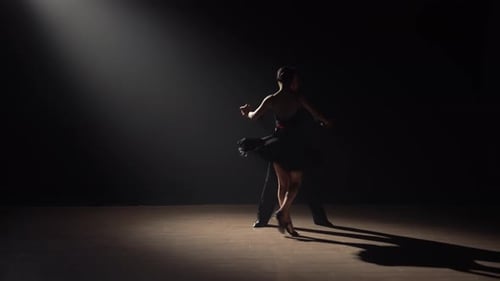 Silhouette of Couple Dancers Dance Tango in Dark with Smoke and Spotlights