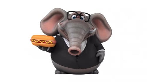 Animated 3D Elephant Character in Suit Holds Hot Dog