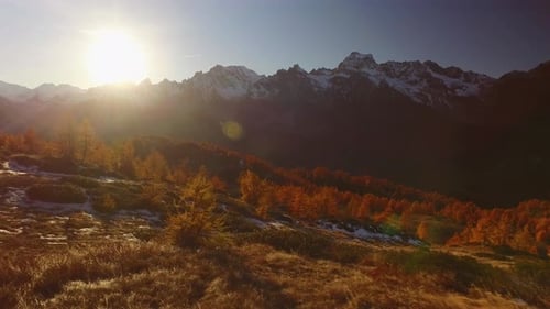 POV Walking on Fall Woods Path Near Trees with Sun and Snowy Mounts
