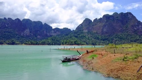 Cinematic Aerial Shot of Cheow Lan Lake Khao Sok Thailand