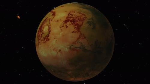 Mars Planet with Small Moon Rotating in Starry Space