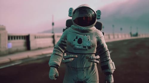 Astronaut in Space Suit on the Road Bridge