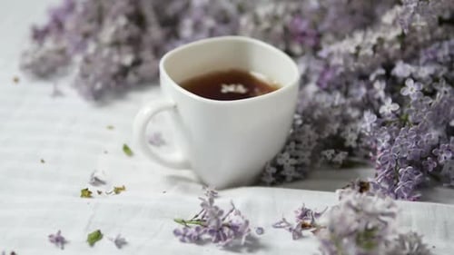 Tea Cup Surrounded by Purple Lilac Blossoms