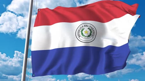Waving Paraguay Flag with Blue Sky Background
