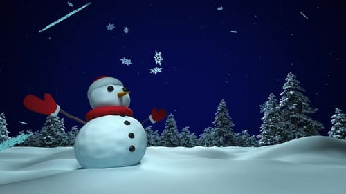 Weihnachten, der Neujahrsschneemann steht im Wald und Schneeflocken fallen.