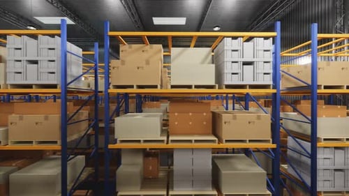 Entrepôt avec boîtes en carton à l'intérieur sur des rayonnages à palettes, centre logistique