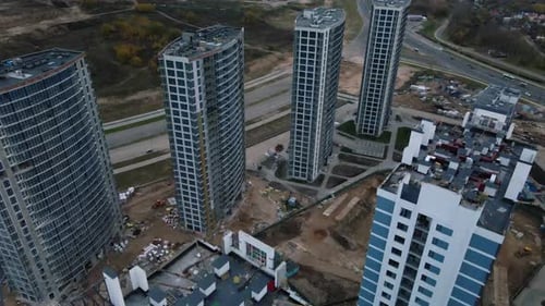 Construction of modern multi-storey buildings. Construction of a new city block.