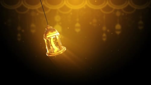 Golden Swinging Ramadan Lantern with Crescent Moon Animation