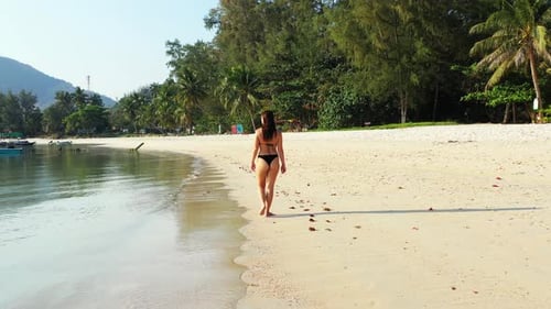 Pretty smiling ladies relaxing having fun on the beach on summer white sand and blue background