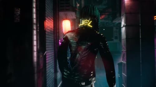 Futuristic Cyberpunk Hoverboard Rider in Neon Lit Urban Alleyway
