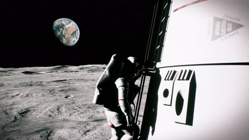 Astronaut Descends Ladder on Moon with Distant Earth