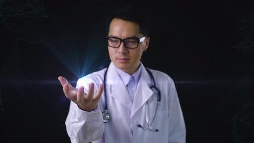 Doctor Examining Hologram of Digestive System in Lab