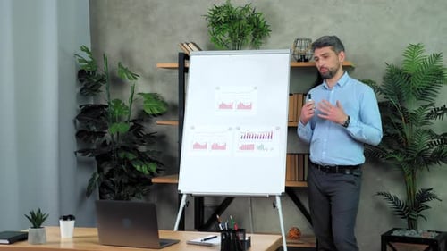 Business man coach greets talk teaches students online webcam video call laptop