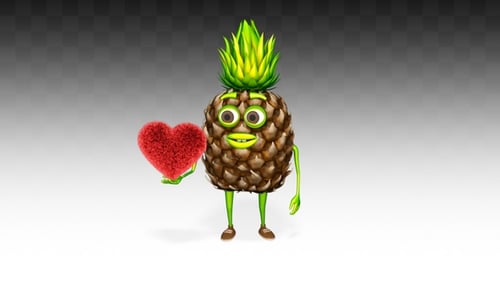 3D Animated Pineapple Character Holds Red Heart