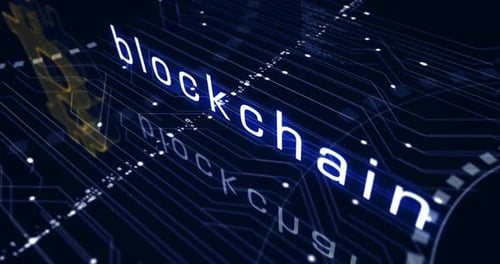 Bitcoin, blockchain, símbolos de moeda criptográfica, loop, conceito cibernético