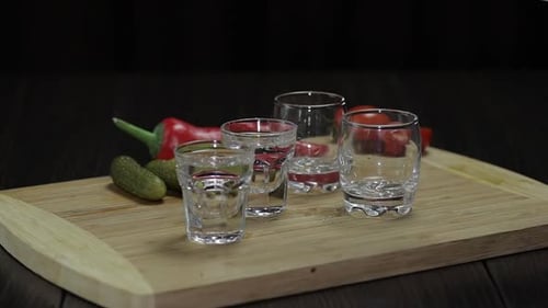 Liquid Pours into Shot Glasses on Cutting Board
