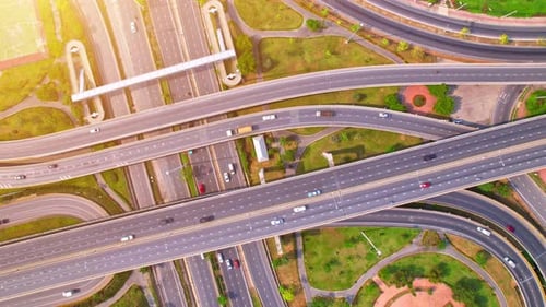 4K : Aerial Hyper lapse drone view of road junction with moving cars.