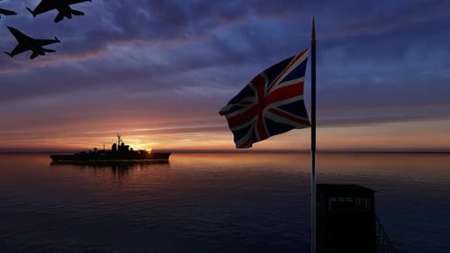Waving Union Jack Flag, Warship, and Fighter Jets Flying at Sunset